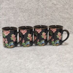 Otagiri Floral Garden Coffee Mug Black Pink Flowers Japan Gold Rim Lot Of 4 Mugs